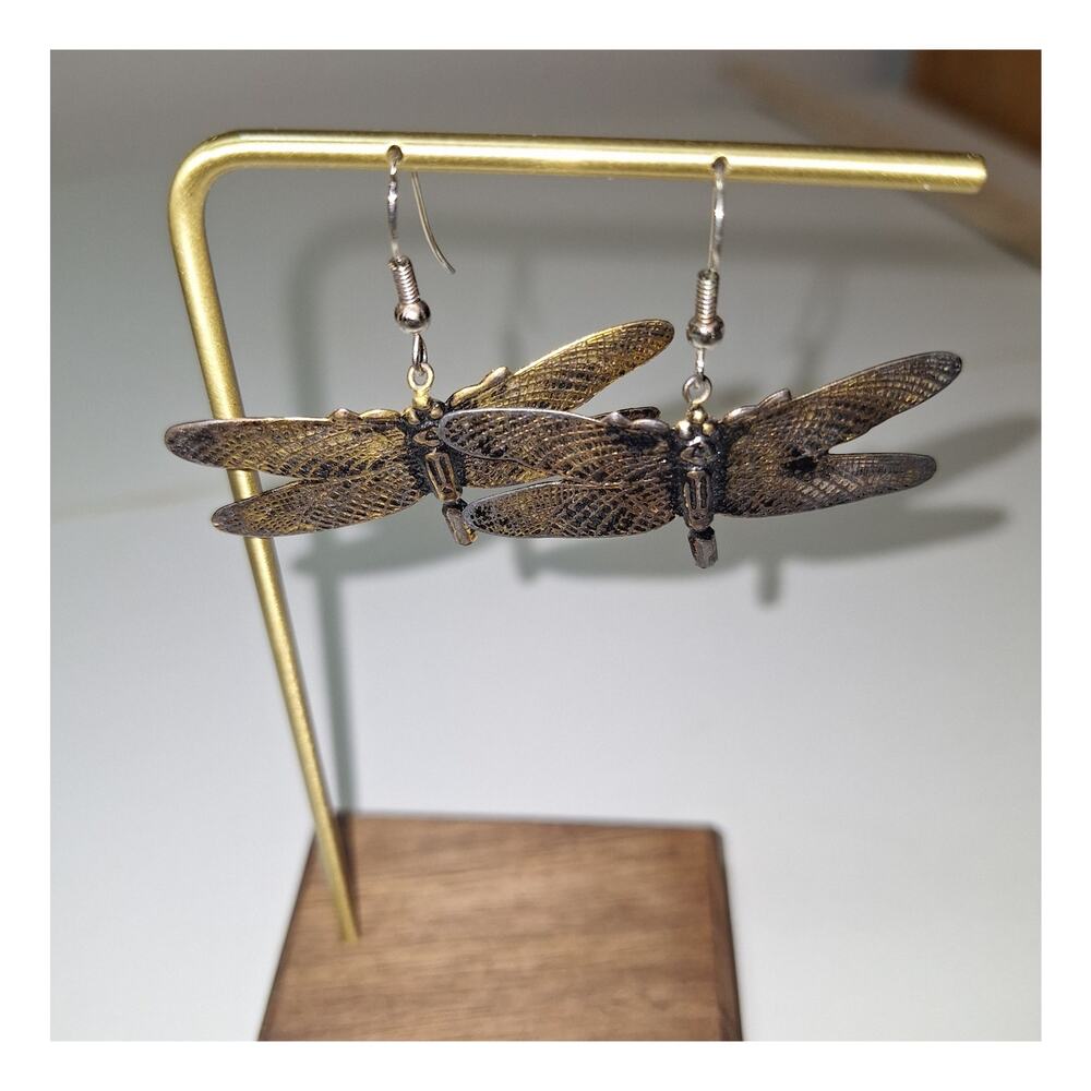 Dragonfly Earrings Brass Color Fishhook Earwires